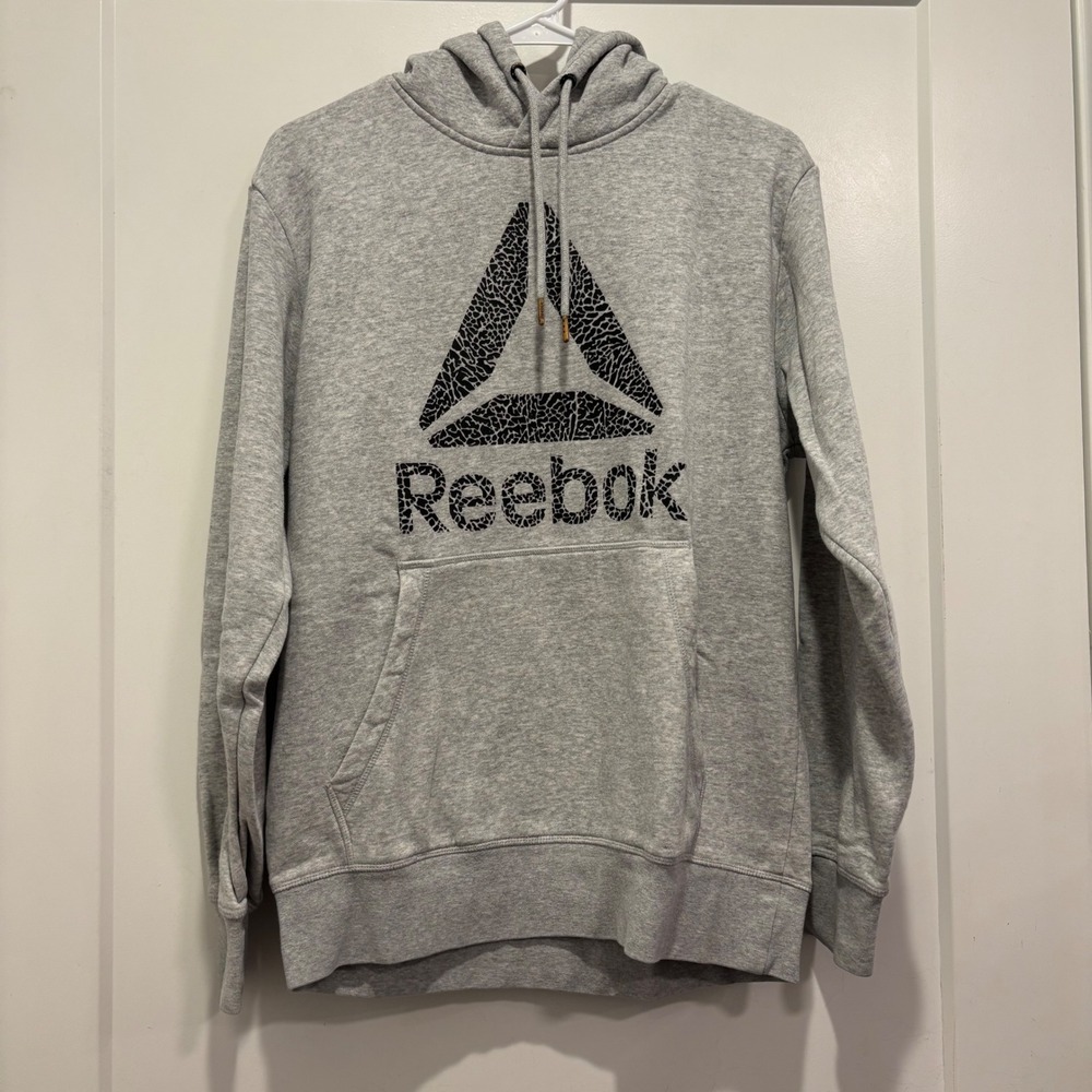 Reebok Mens Pullover Hoodie Heather Gray Delta Logo Graphic Sweatshirt Size L